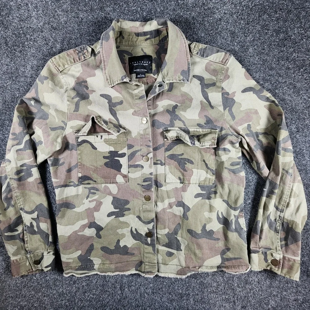 Sanctuary Utility Jacket Womens L Green Camo Frayed Hem Military Shirt Jacket